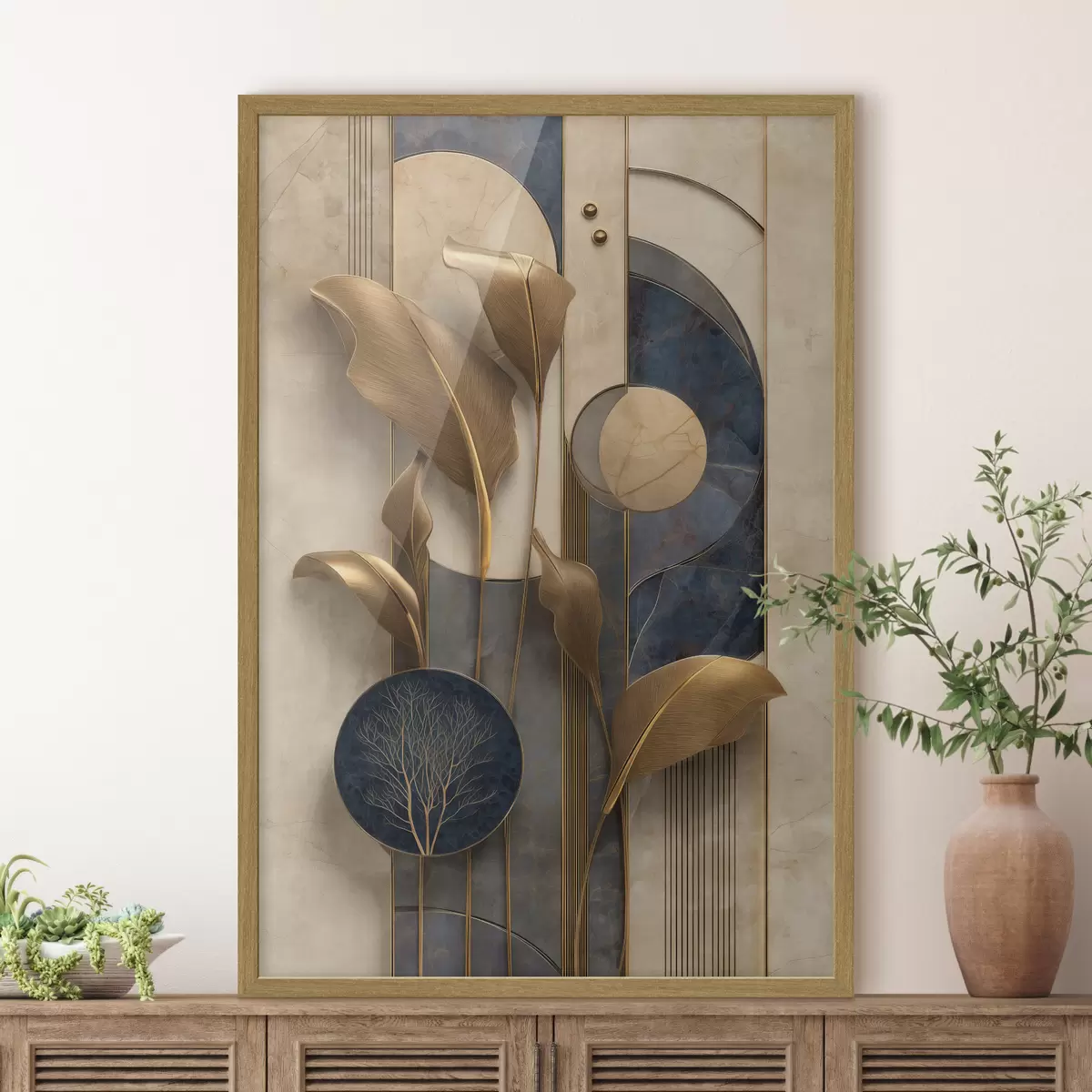 Poster Composition géométrique avec des feuilles aux teintes bronze f50452