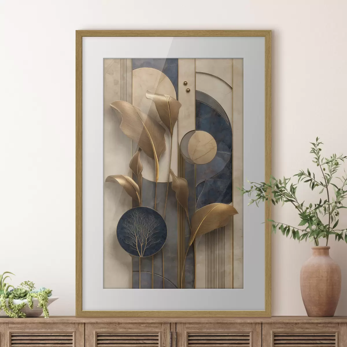Poster Composition géométrique avec des feuilles aux teintes bronze f50452