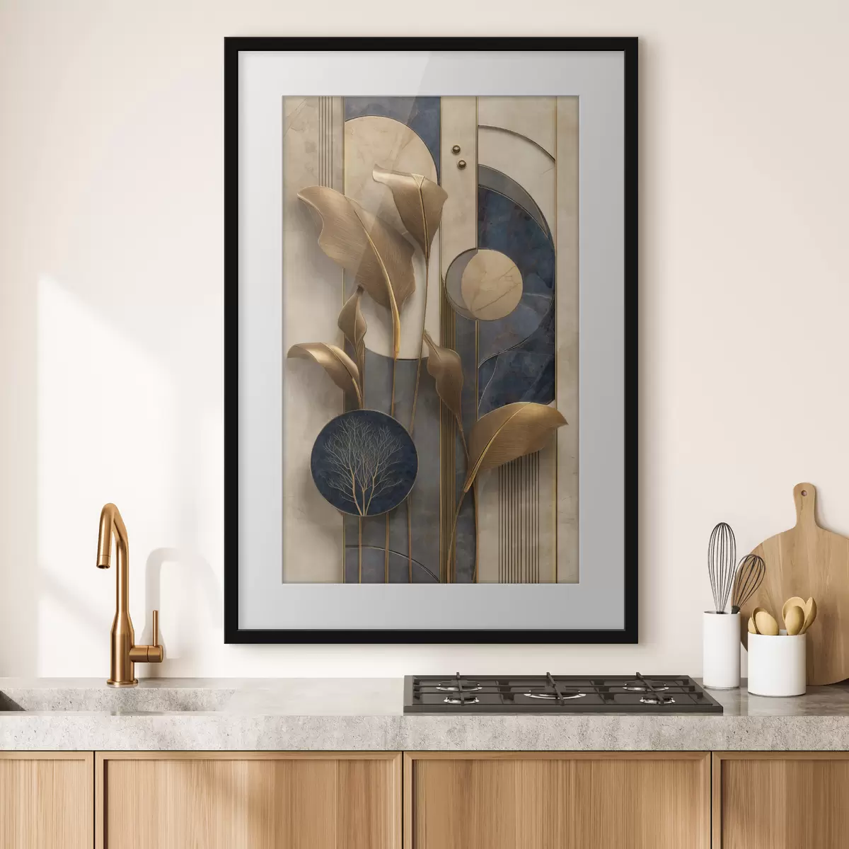 Poster Composition géométrique avec des feuilles aux teintes bronze f50452