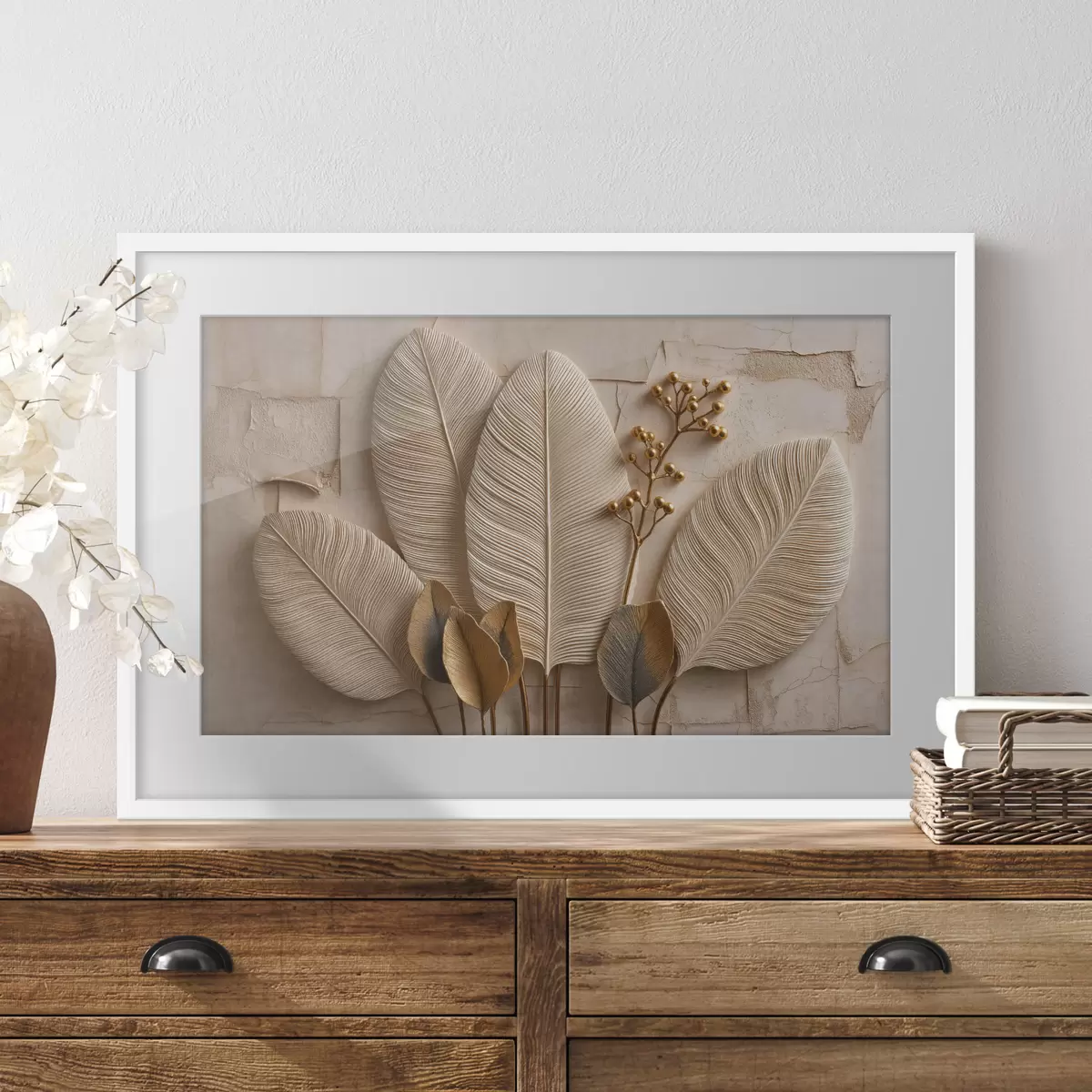 Poster De grandes feuilles claires et une branche décorative f50454