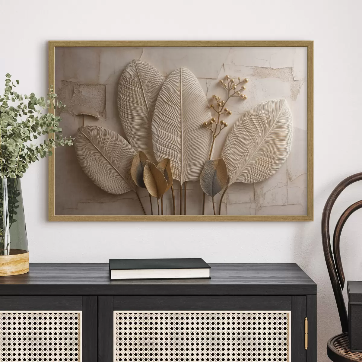 Poster De grandes feuilles claires et une branche décorative f50454
