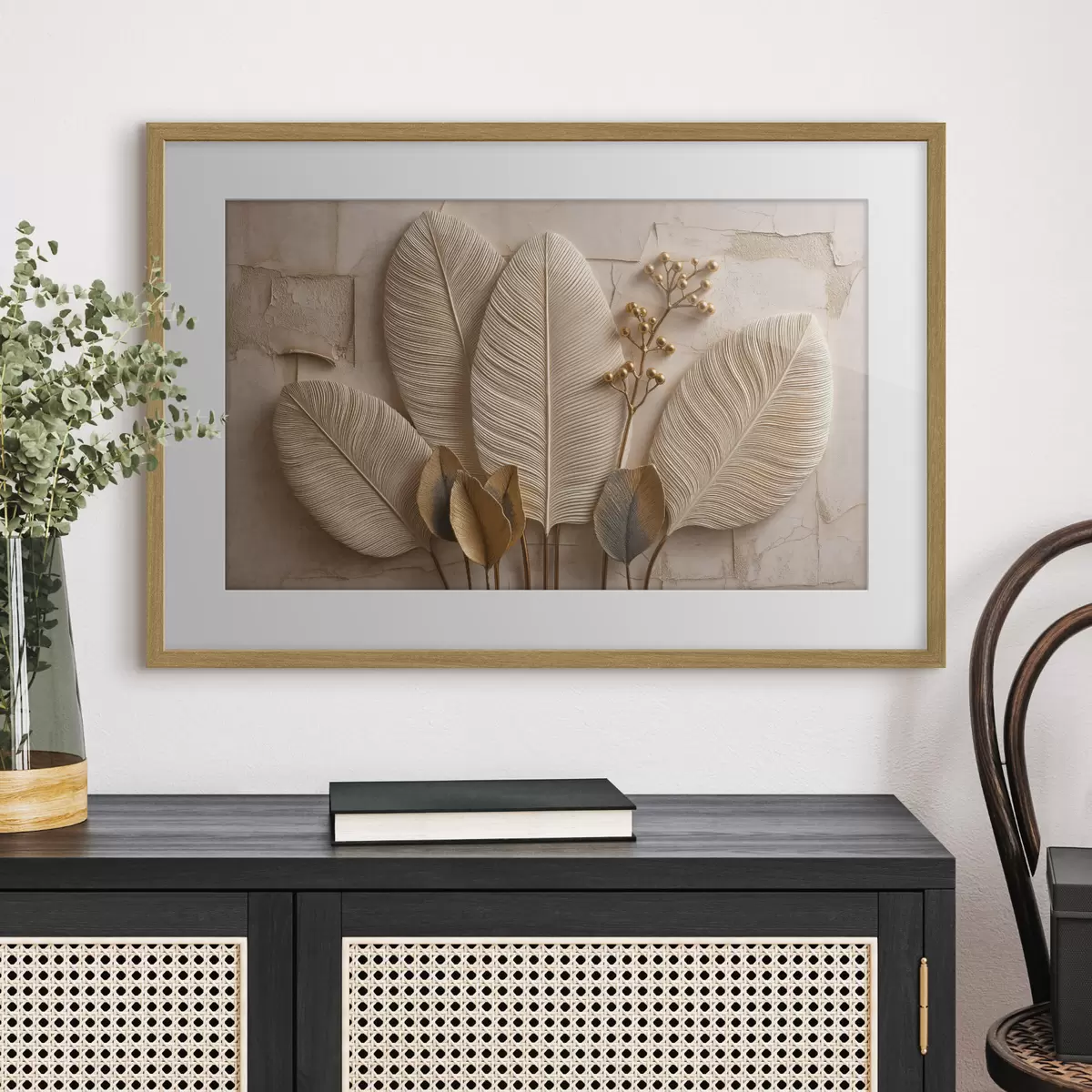 Poster De grandes feuilles claires et une branche décorative f50454
