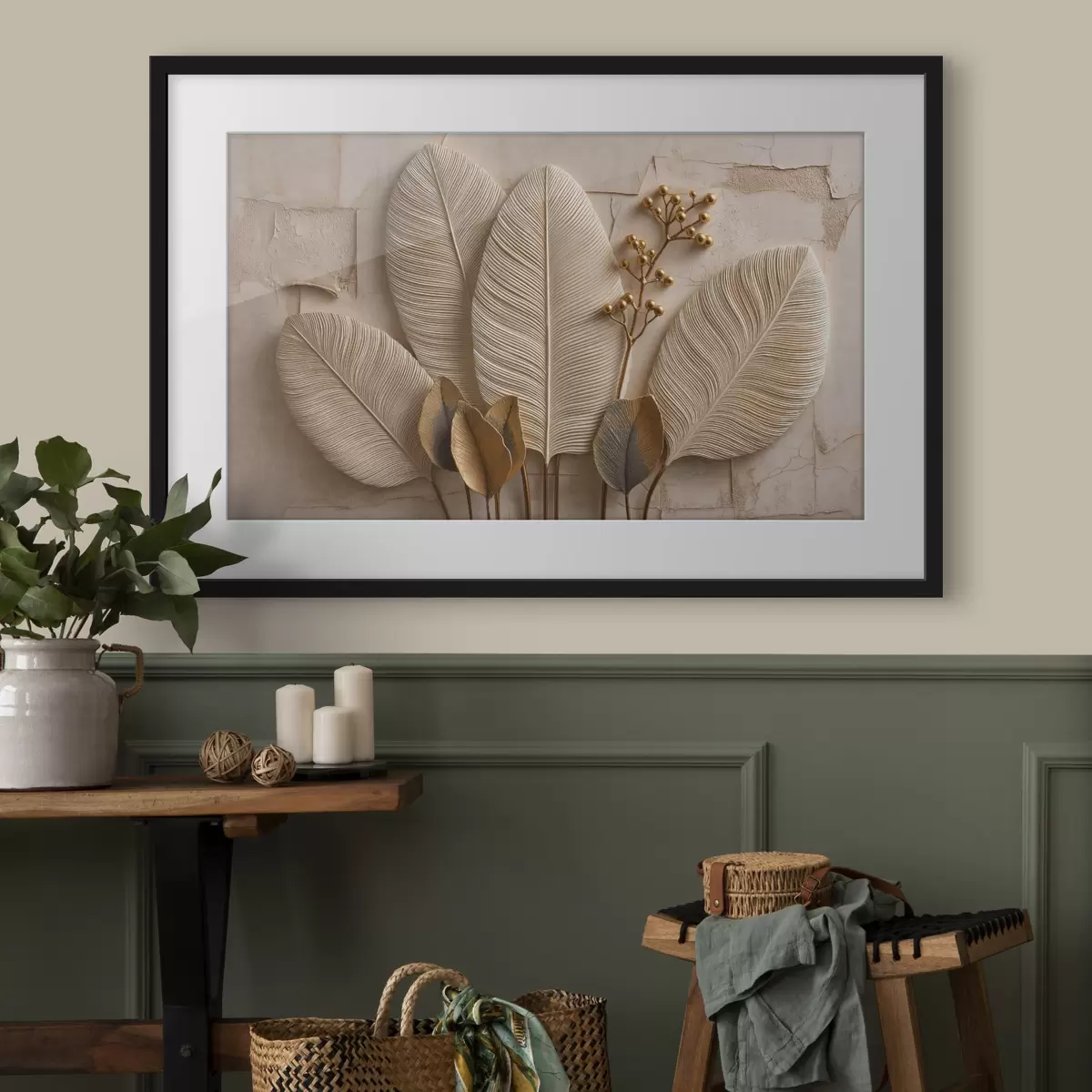 Poster De grandes feuilles claires et une branche décorative f50454
