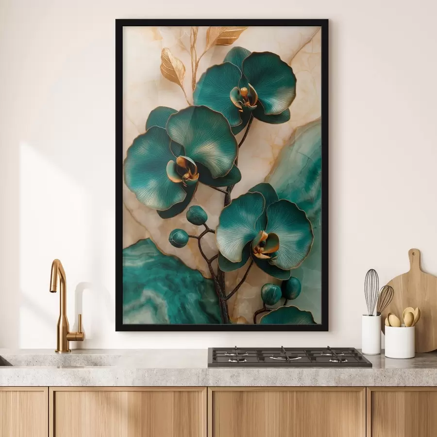 Papier peint Des orchidées turquoise sur un fond clair, avec un effet visuel imitant la pierre f50456