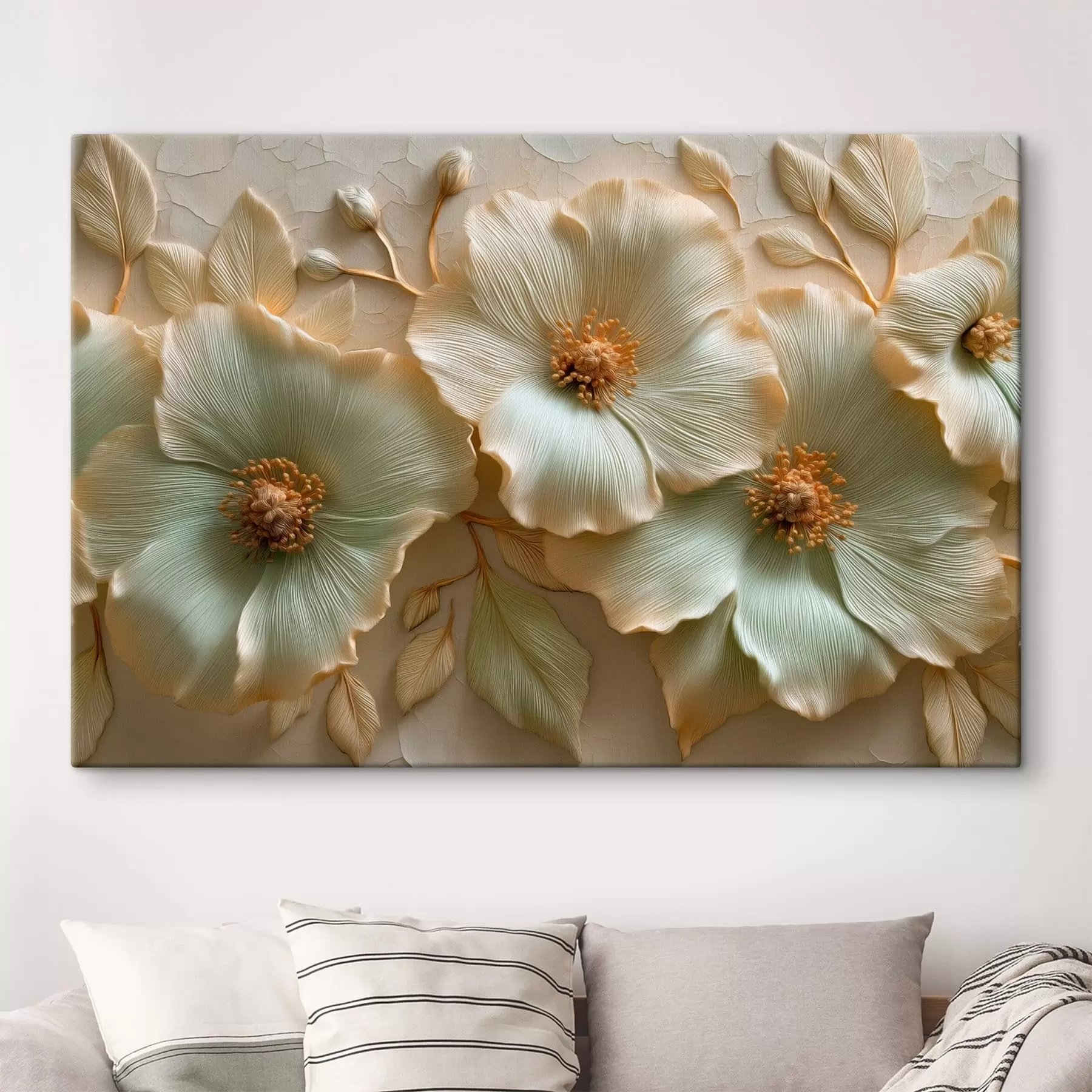 Tableau De grandes fleurs et feuilles aux tons clairs, créant un effet de relief s50420