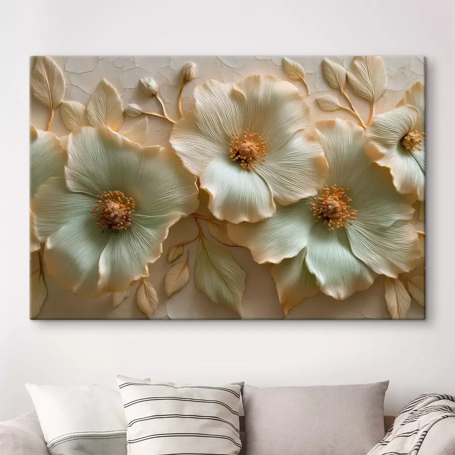 Tableau De grandes fleurs et feuilles aux tons clairs, créant un effet de relief s50420