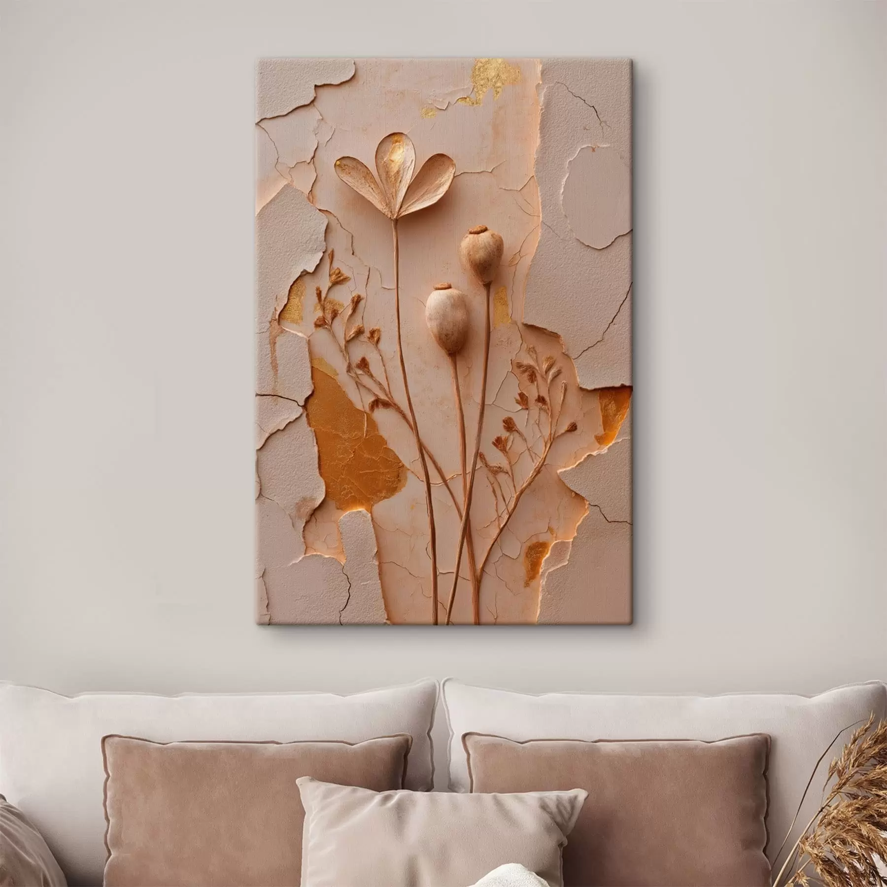 Tableau Plantes séchées sur un fond présentant un effet de surface craquelée s50426