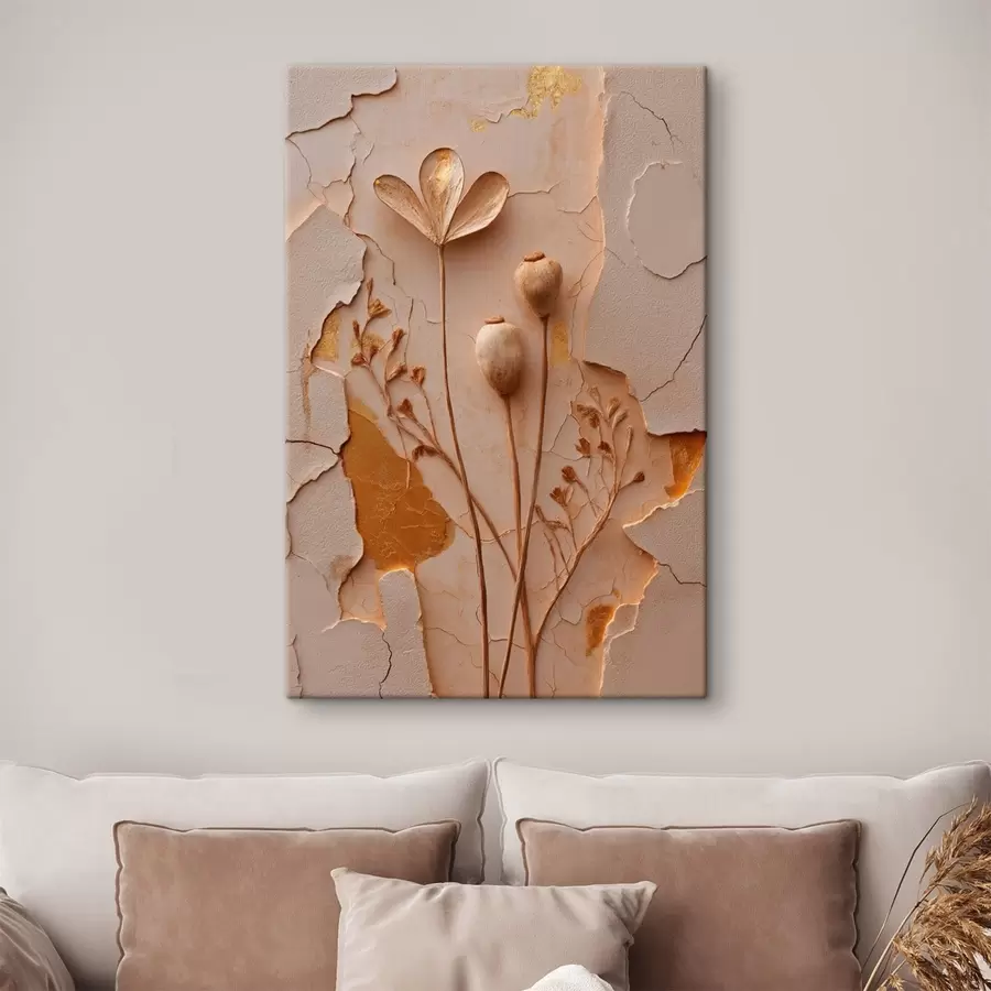 Tableau Plantes séchées sur un fond présentant un effet de surface craquelée s50426