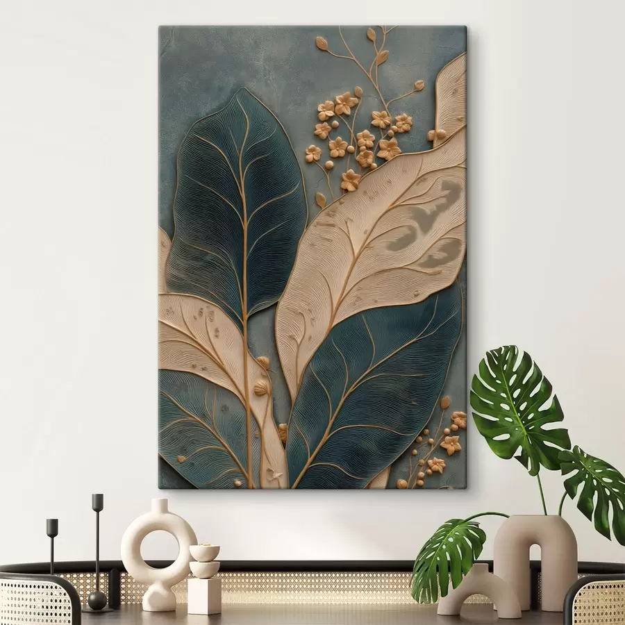 Tableau Des feuilles et des petites fleurs créant un effet de relief sur un fond sombre s50427