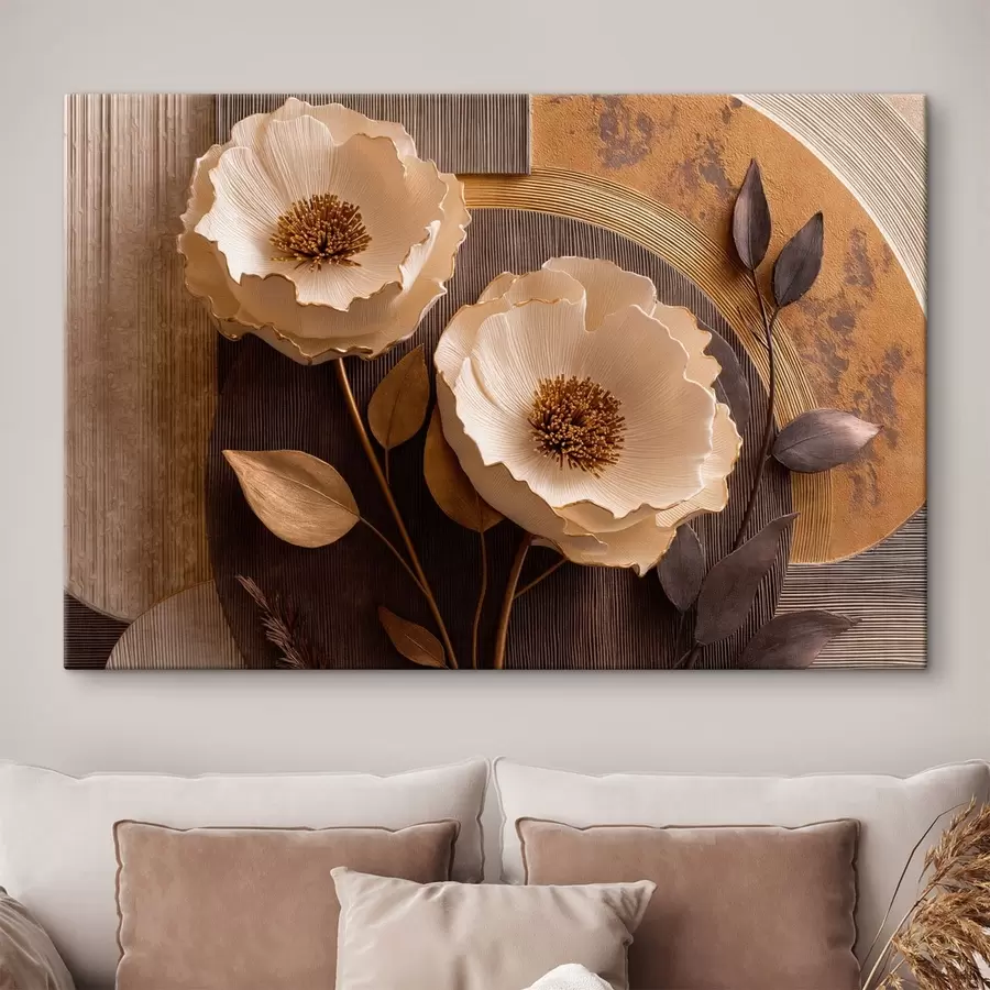 Tableau De grandes fleurs claires, avec des feuilles foncées et des cercles s50430