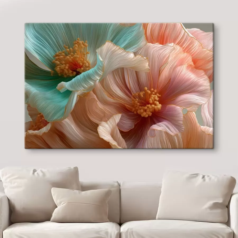 Tableau Grandes fleurs turquoise et roses avec un effet de relief s50432