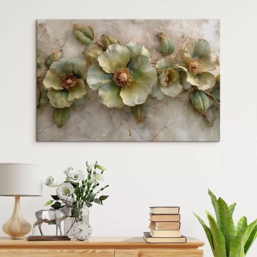 Tableau De grandes fleurs et feuilles vertes sur un fond clair aux nuances douces s50434
