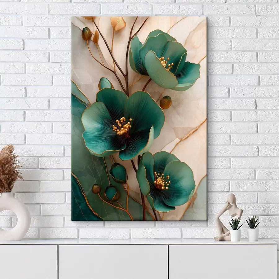 Tableau Fleurs turquoise ornées d'étamines décoratives s50435