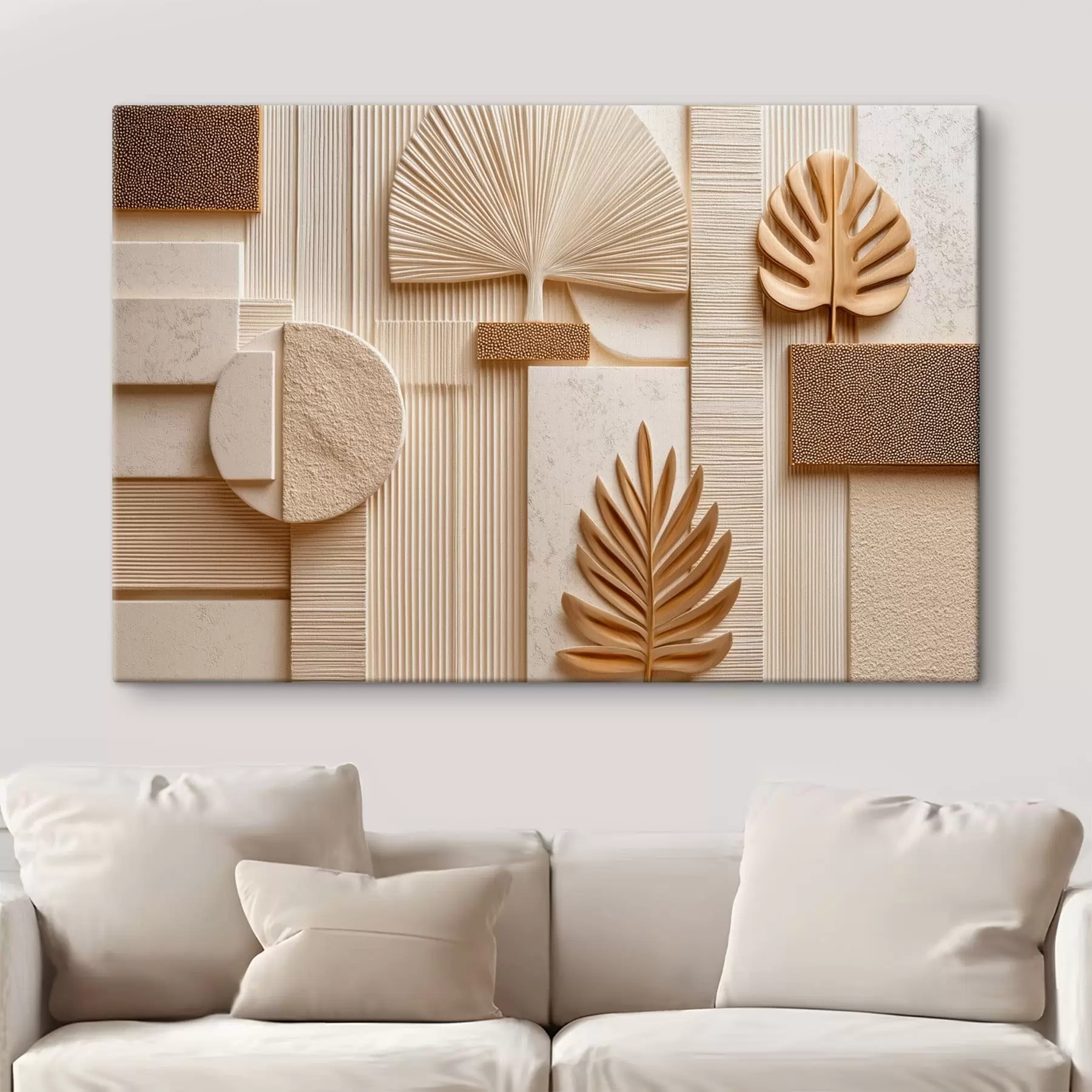 Tableau Des feuilles au milieu de formes géométriques s50436