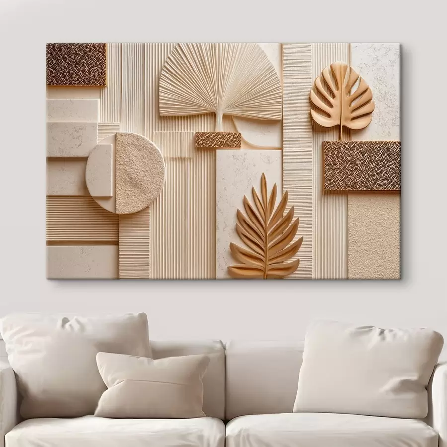 Tableau Des feuilles au milieu de formes géométriques s50436