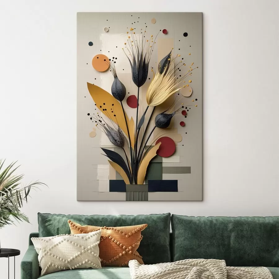 Tableau Fleurs abstraites aux tiges sombres et aux cercles s50437
