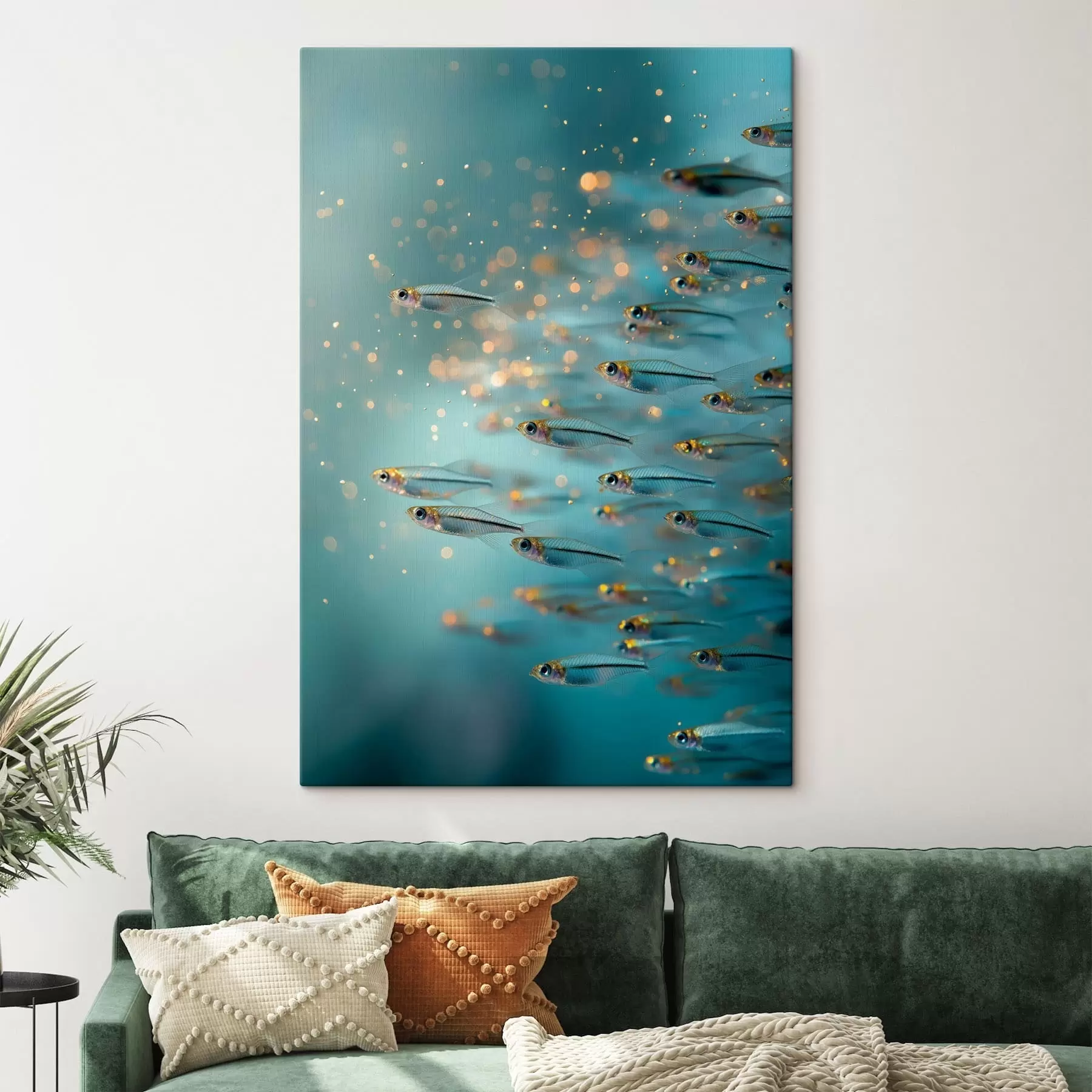 Tableau Un banc de petits poissons dans une eau bleue avec des reflets s50443