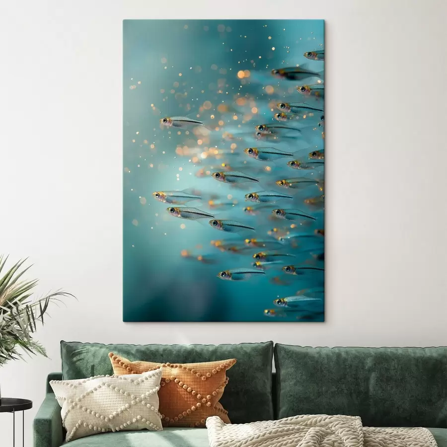 Tableau Un banc de petits poissons dans une eau bleue avec des reflets s50443