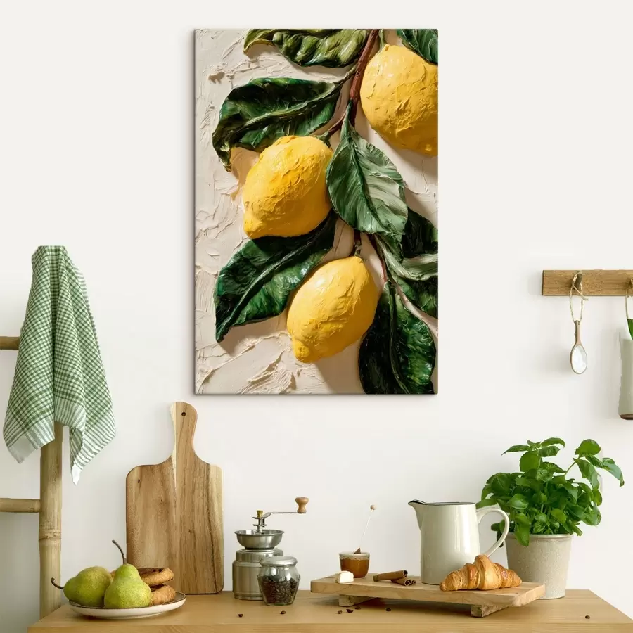 Tableau Des citrons avec un effet de relief et des feuilles vert foncé s50444
