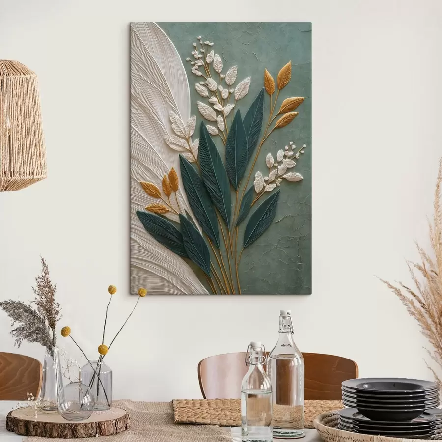 Tableau Feuilles décoratives sur un fond vert aux nuances douces s50446