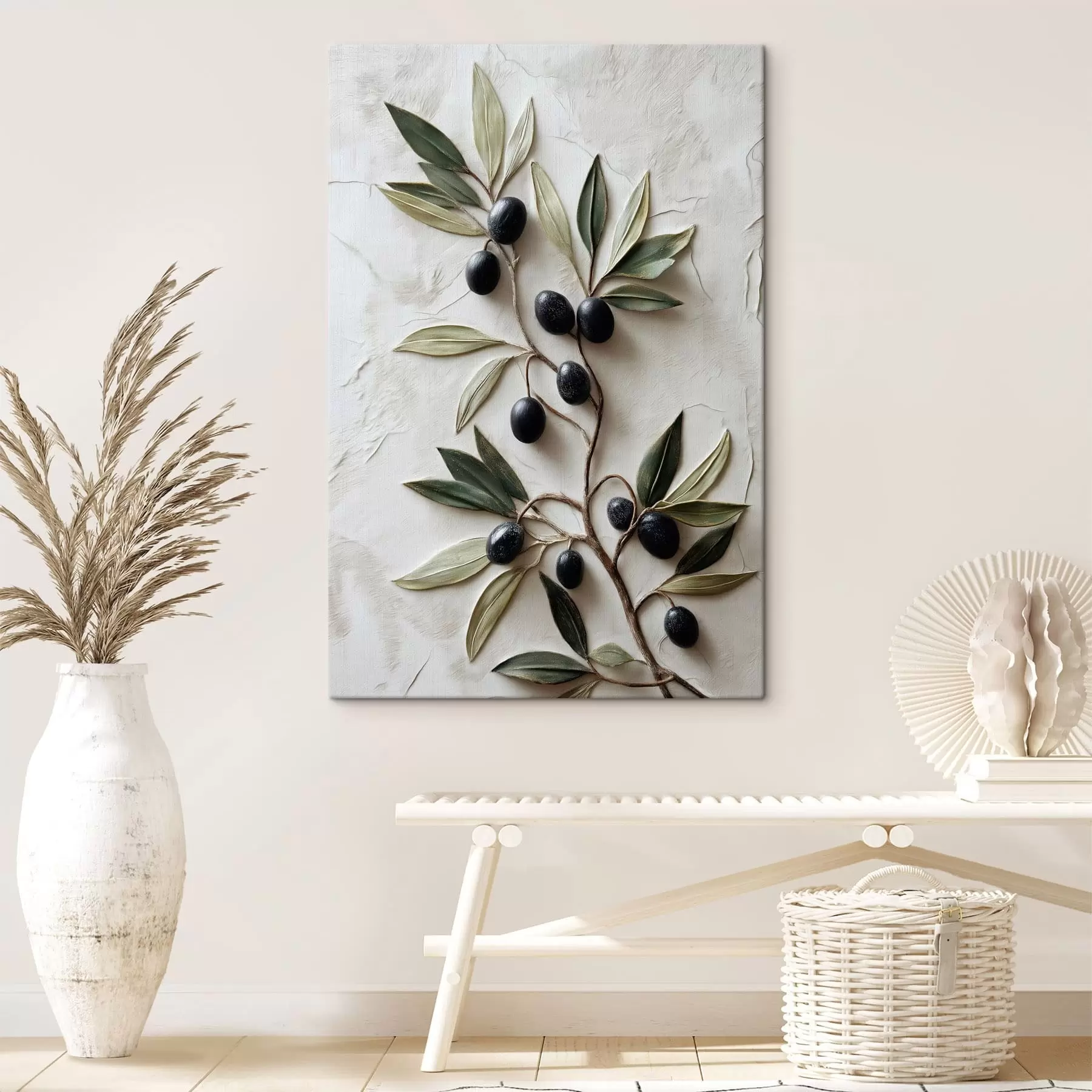 Tableau Branche avec des olives noires et des feuilles vertes s50447
