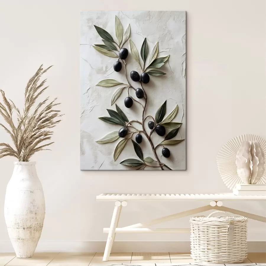 Tableau Branche avec des olives noires et des feuilles vertes s50447