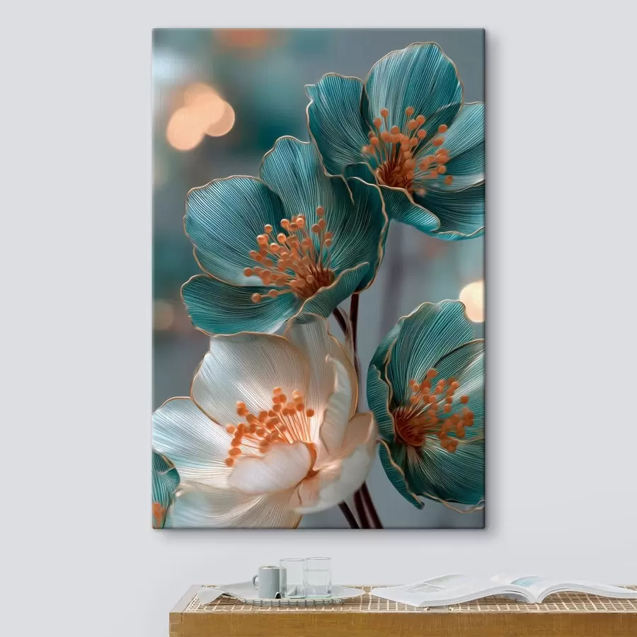 Tableau Fleurs turquoise et blanches aux étamines orange s50448