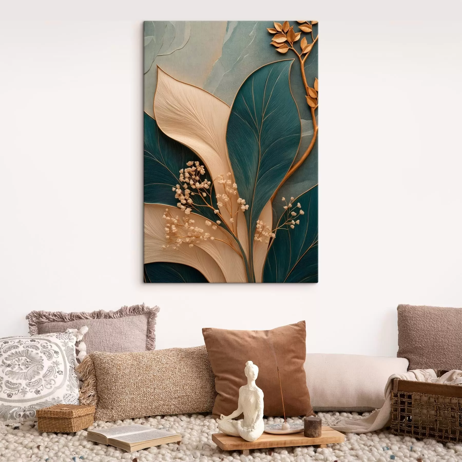 Tableau De grandes feuilles turquoise et crème, avec de petites branches s50451