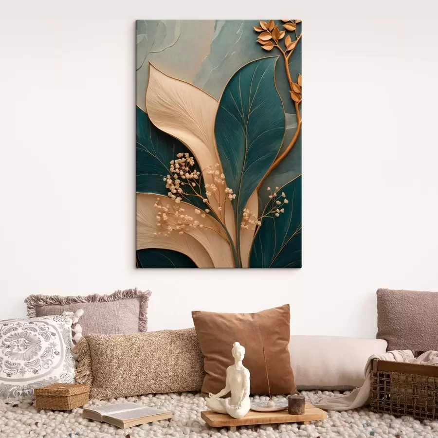 Tableau De grandes feuilles turquoise et crème, avec de petites branches s50451