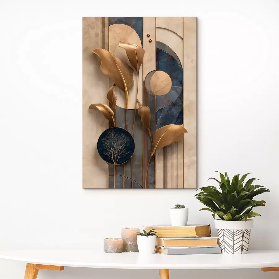 Tableau Composition géométrique avec des feuilles aux teintes bronze s50452