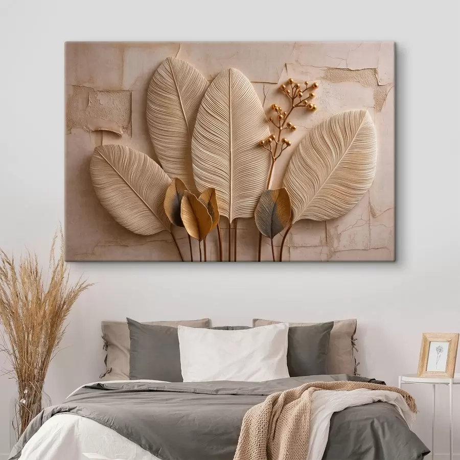 Tableau De grandes feuilles claires et une branche décorative s50454