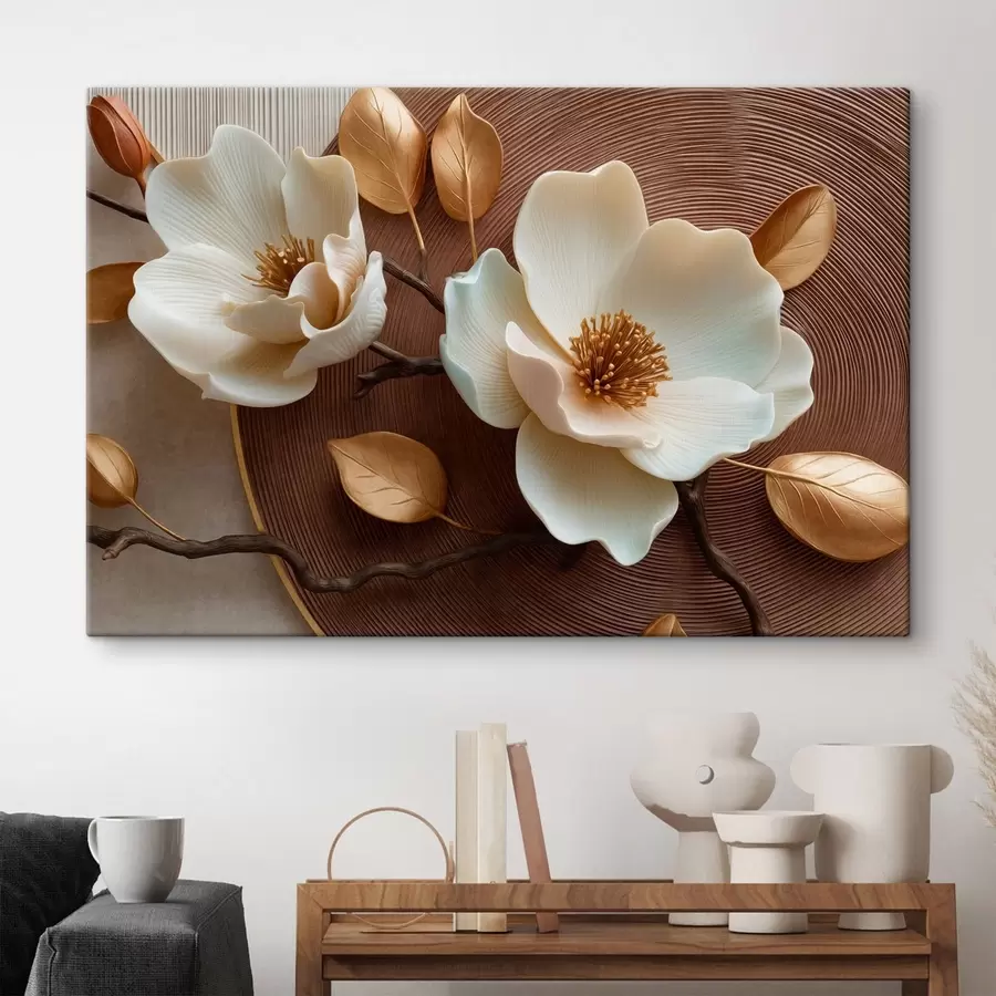 Tableau Des fleurs blanches aux reliefs marqués et des feuilles aux reflets bronze s50453
