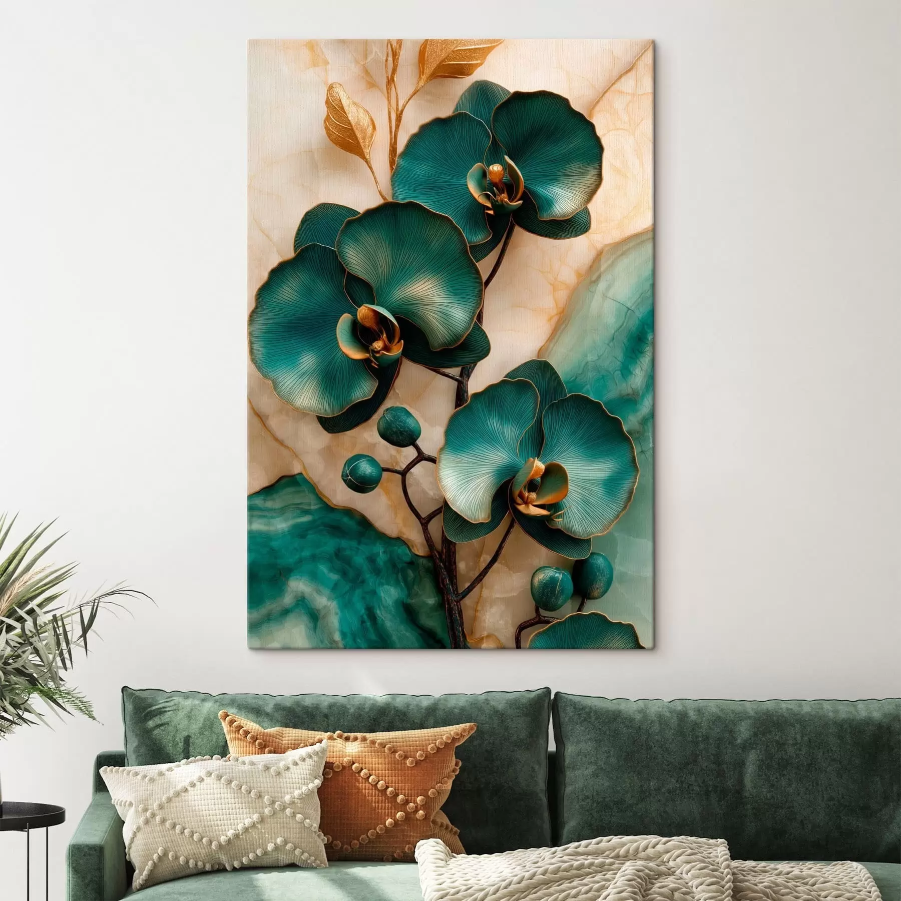 Tableau Des orchidées turquoise sur un fond clair, avec un effet visuel imitant la pierre s50456