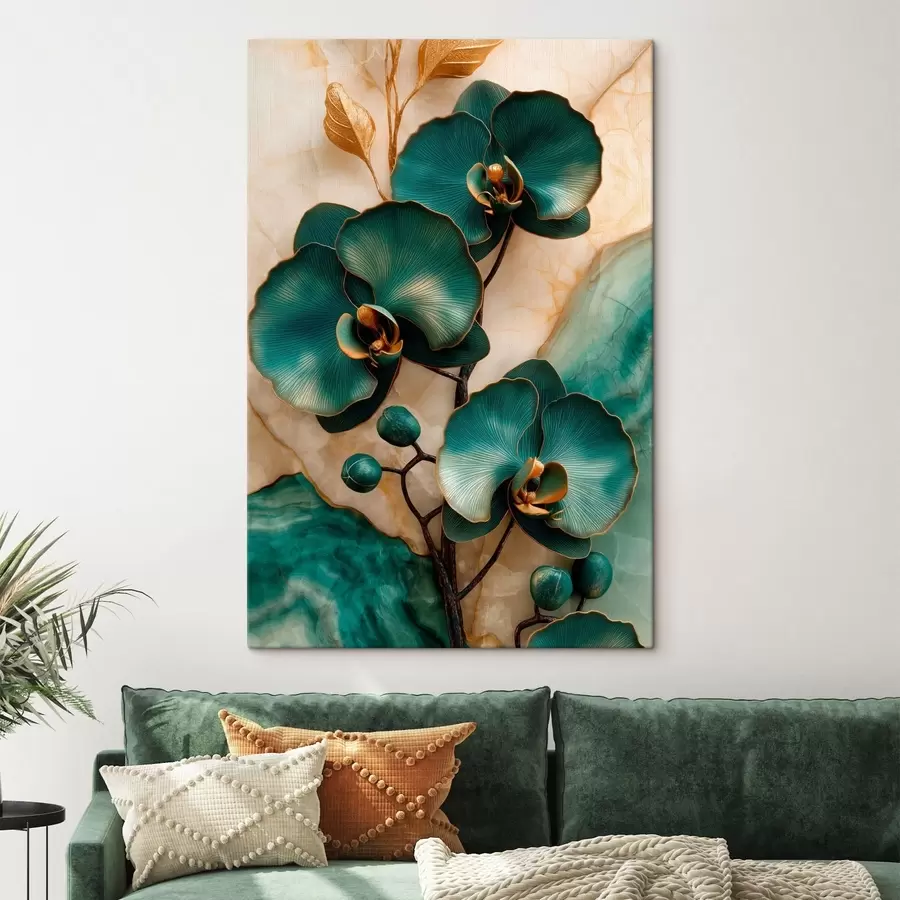 Papier peint Des orchidées turquoise sur un fond clair, avec un effet visuel imitant la pierre s50456
