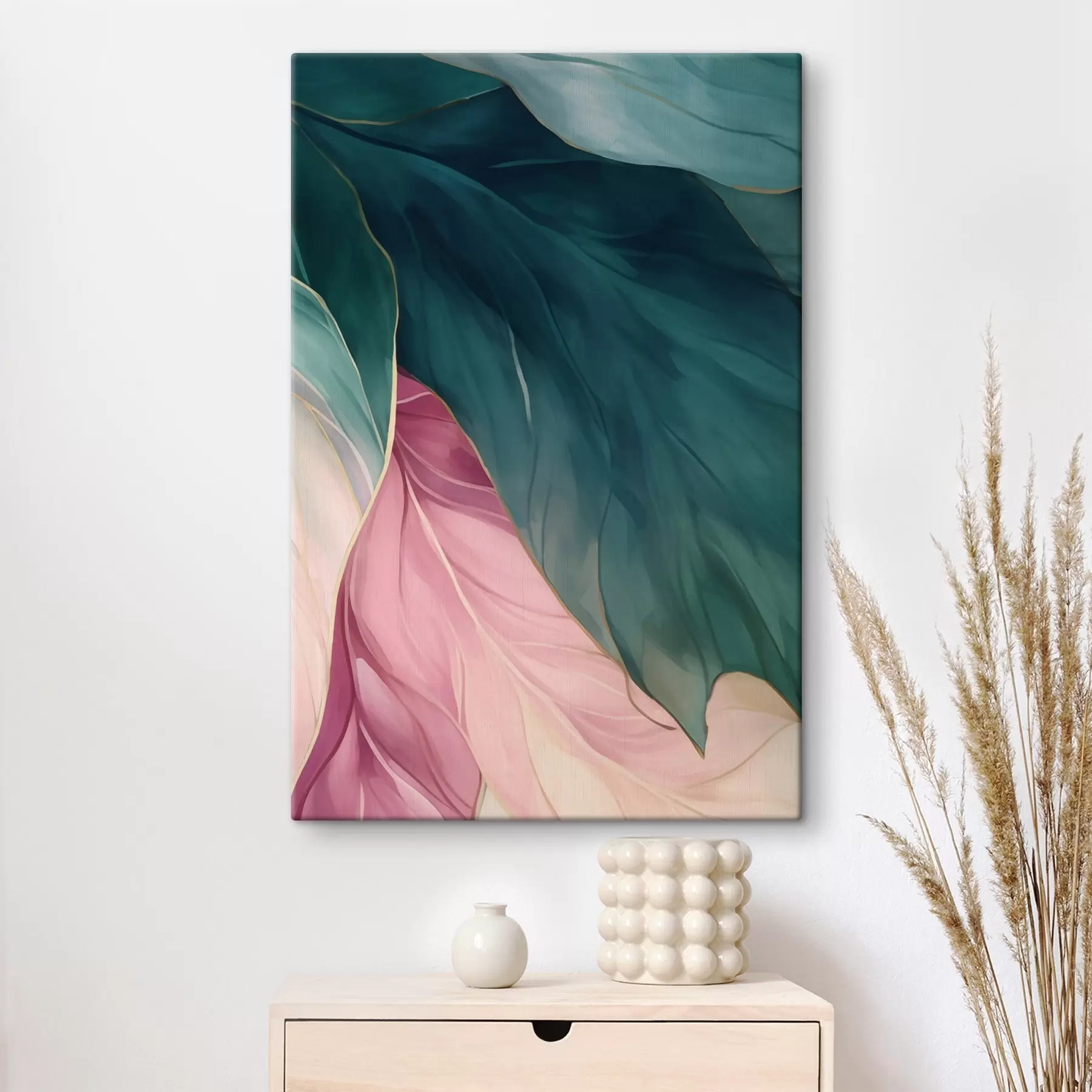 Tableau Feuilles turquoise foncé et rose poudré s50386
