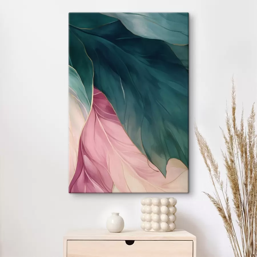 Tableau Feuilles turquoise foncé et rose poudré s50386