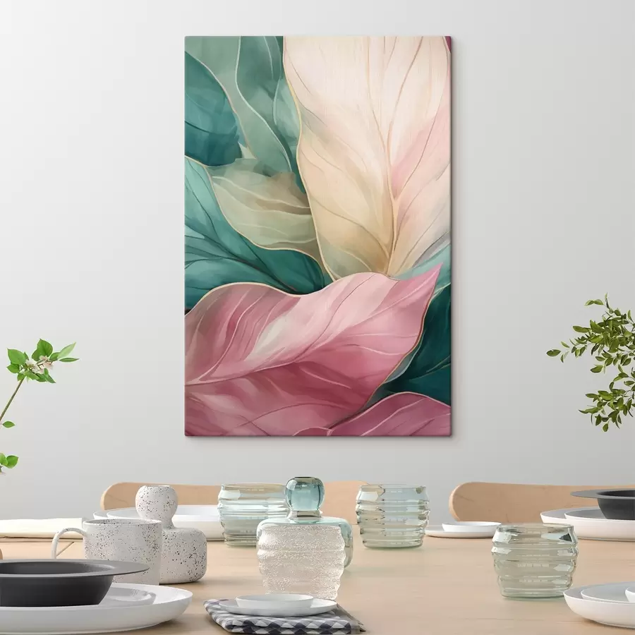 Tableau Feuilles tropicales émeraude et roses s50385