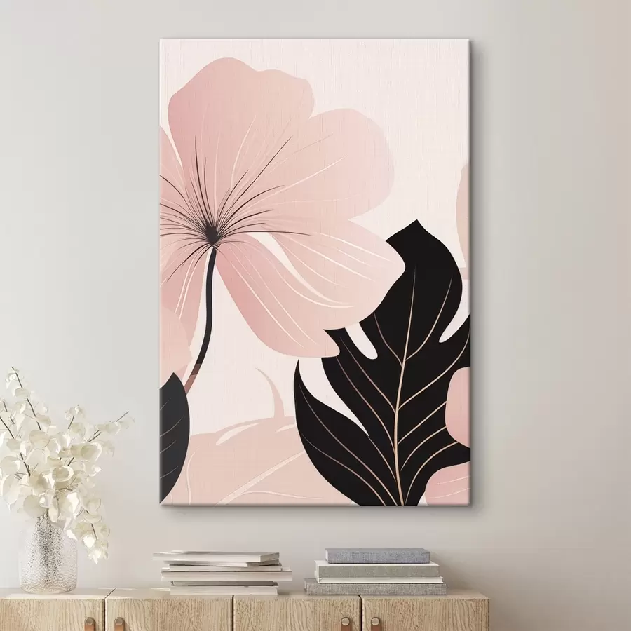 Tableau Fleur rose avec une feuille aux reflets noirs s50389