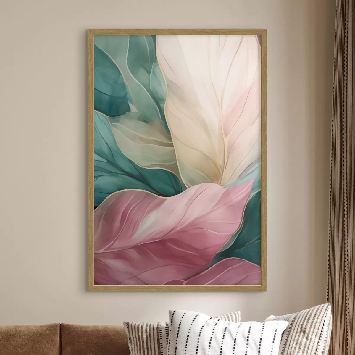 Poster Feuilles tropicales émeraude et roses f50385
