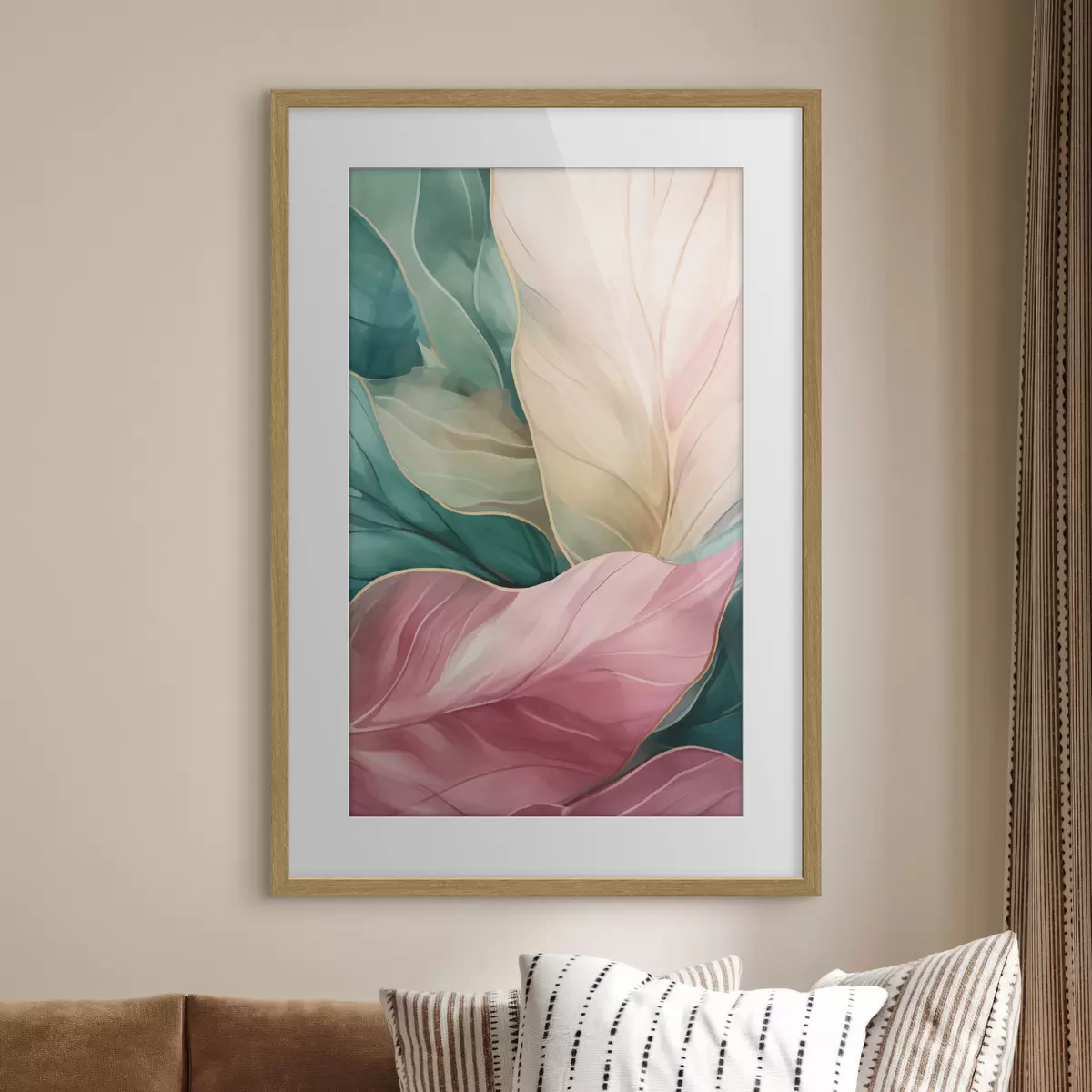 Poster Feuilles tropicales émeraude et roses f50385