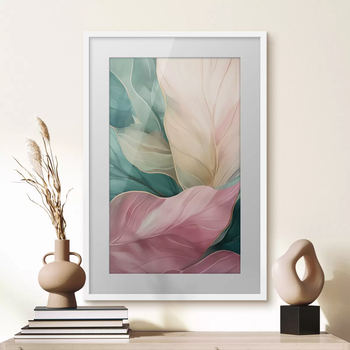 Poster Feuilles tropicales émeraude et roses f50385