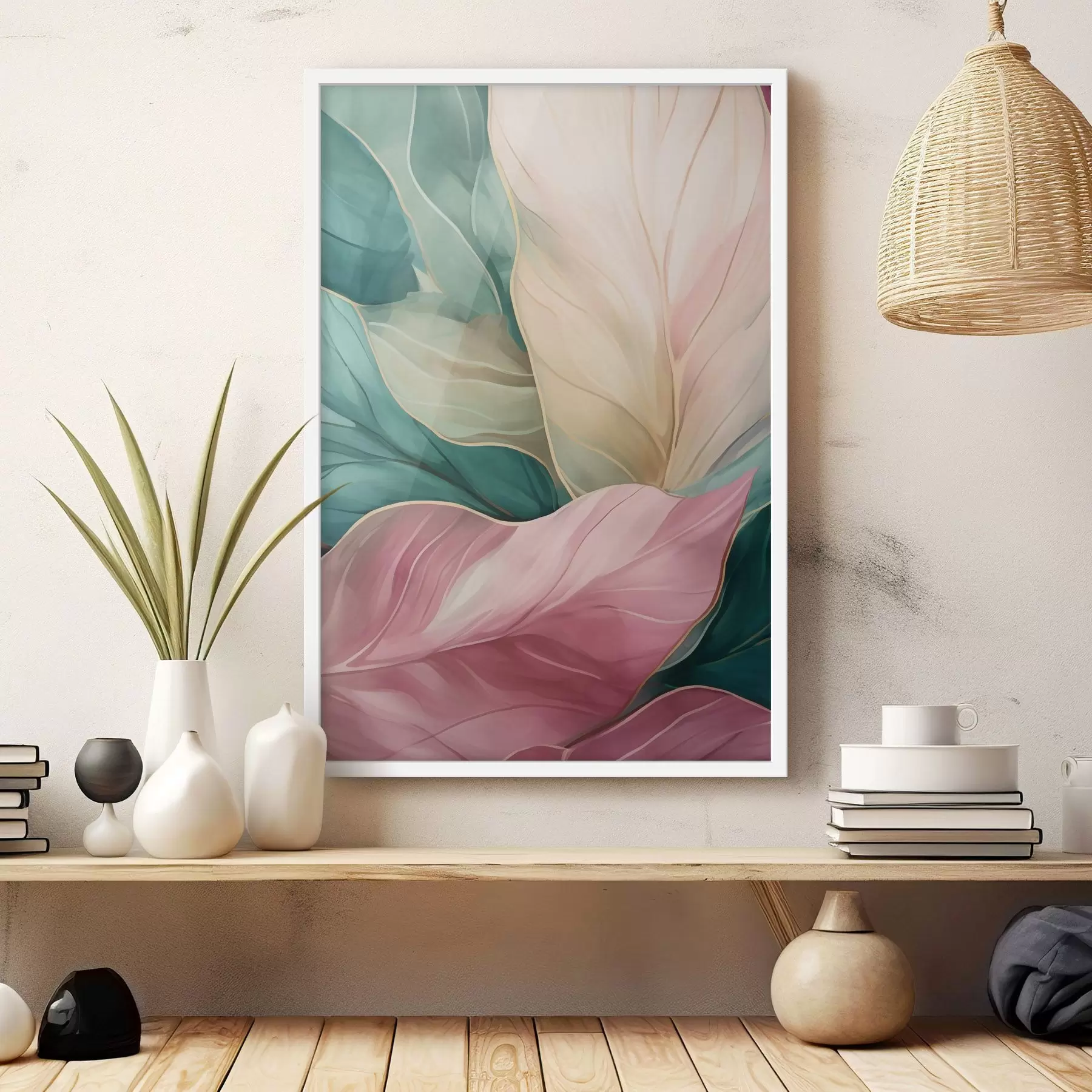 Papier peint Feuilles tropicales émeraude et roses f50385