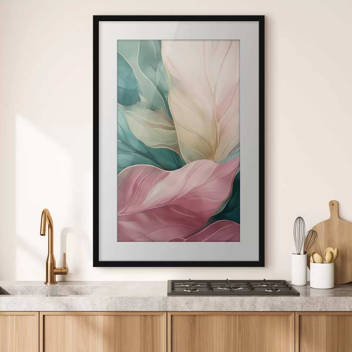 Poster Feuilles tropicales émeraude et roses f50385