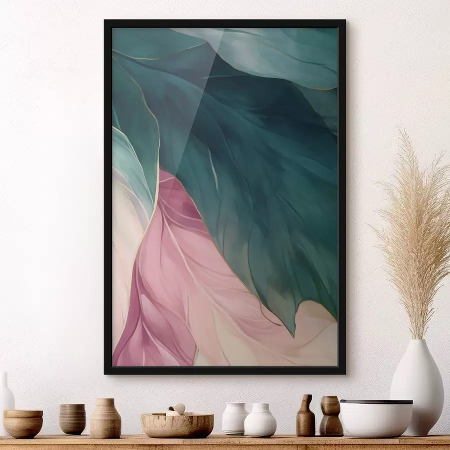 Papier peint Feuilles turquoise foncé et rose poudré f50386