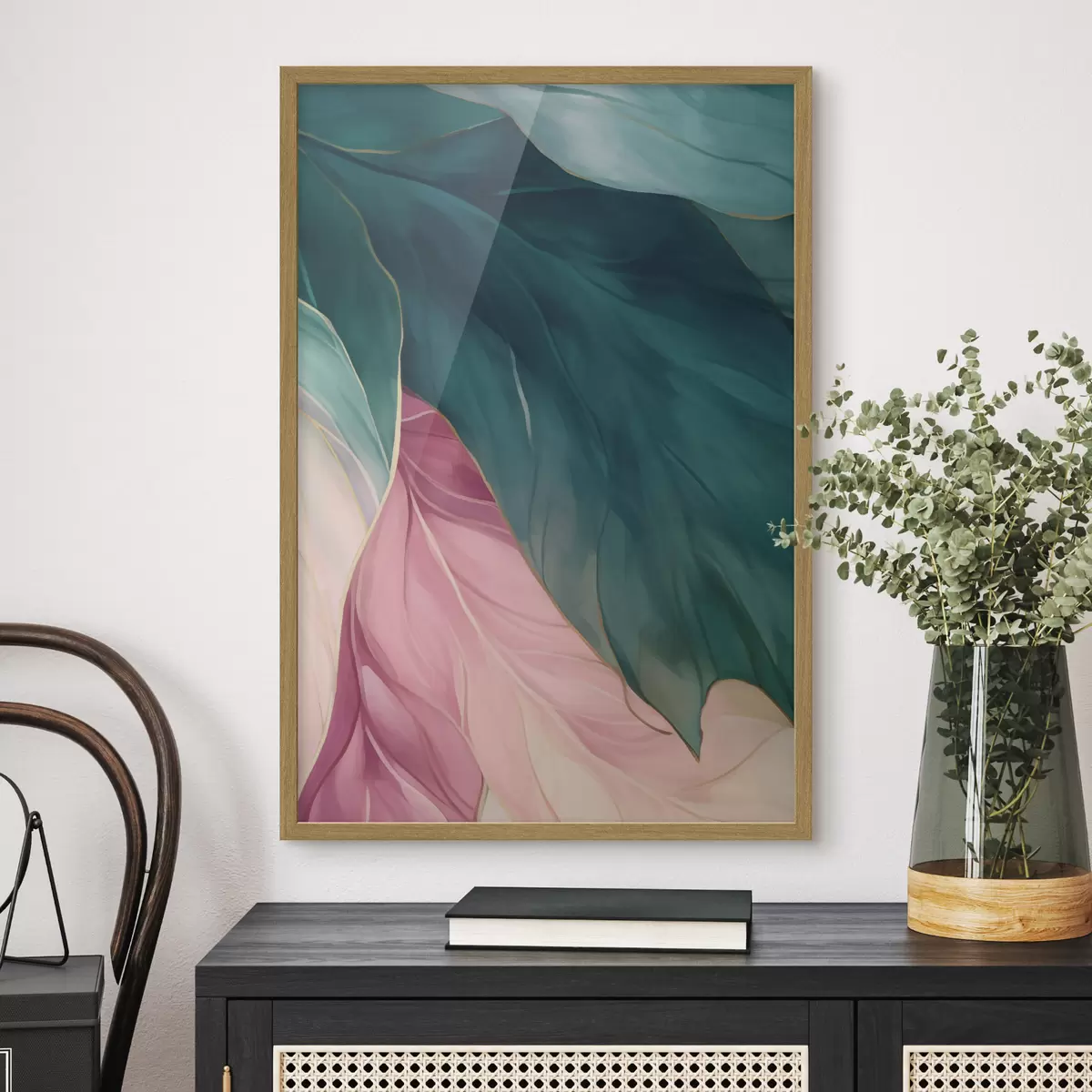 Poster Feuilles turquoise foncé et rose poudré f50386