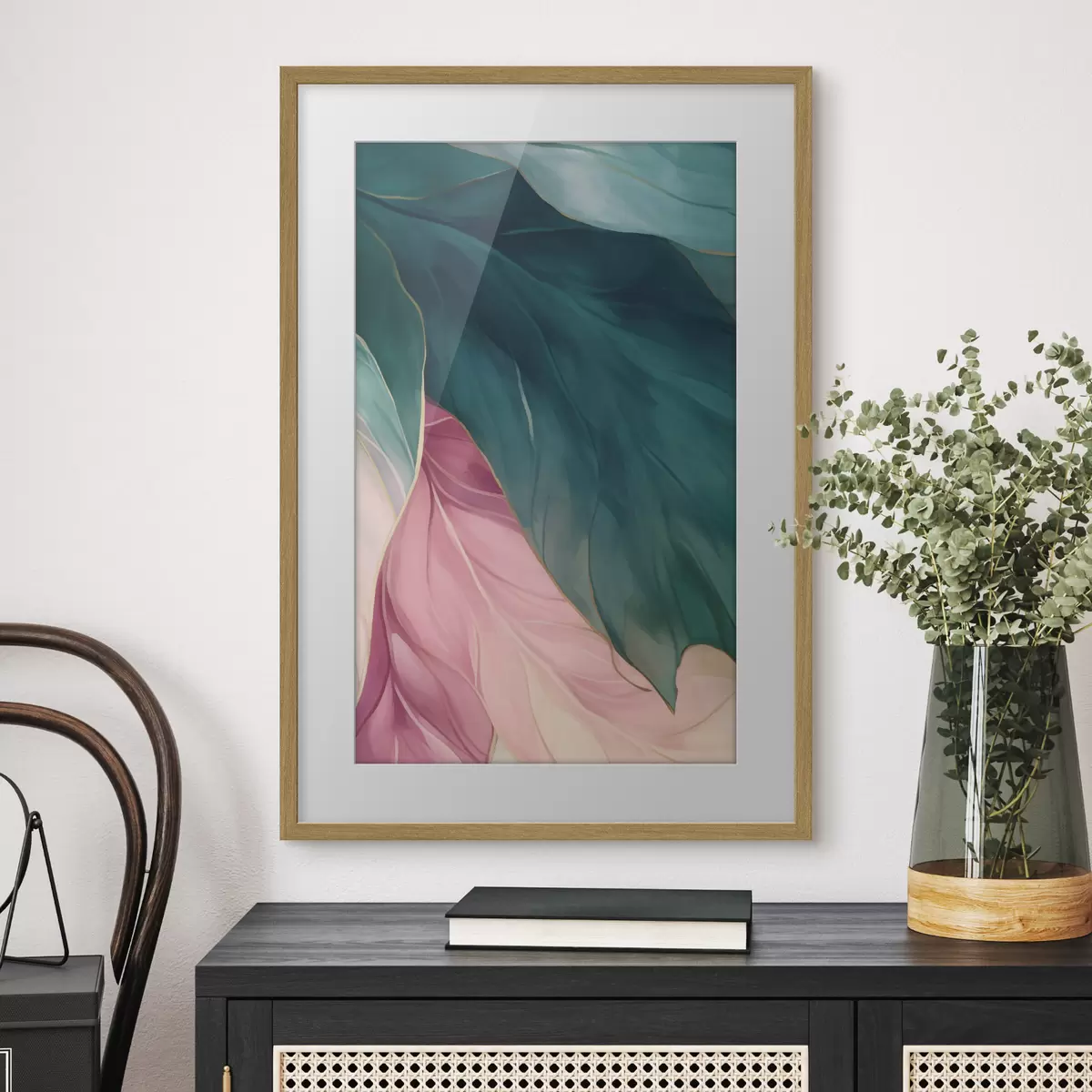 Poster Feuilles turquoise foncé et rose poudré f50386