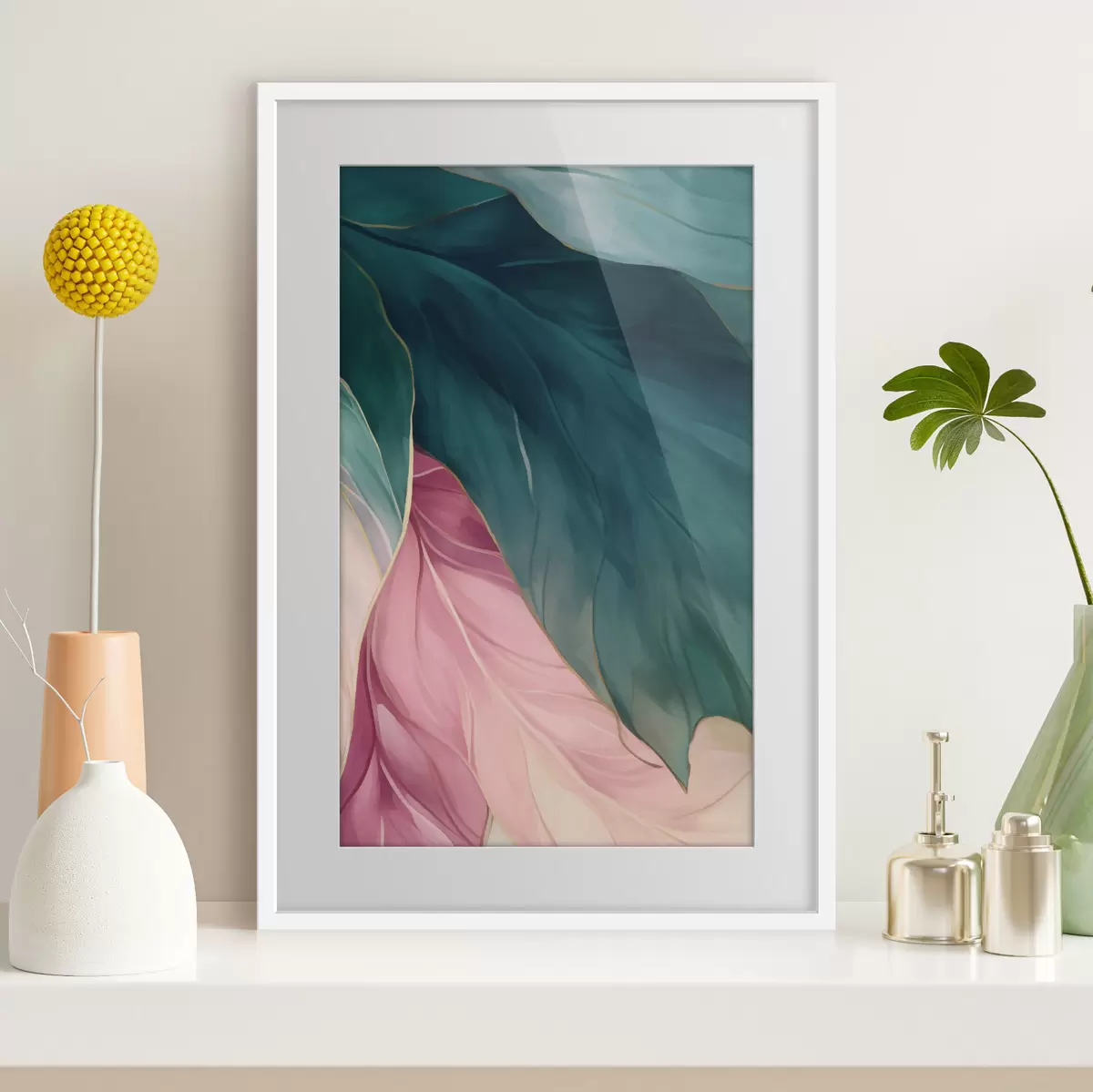 Poster Feuilles turquoise foncé et rose poudré f50386