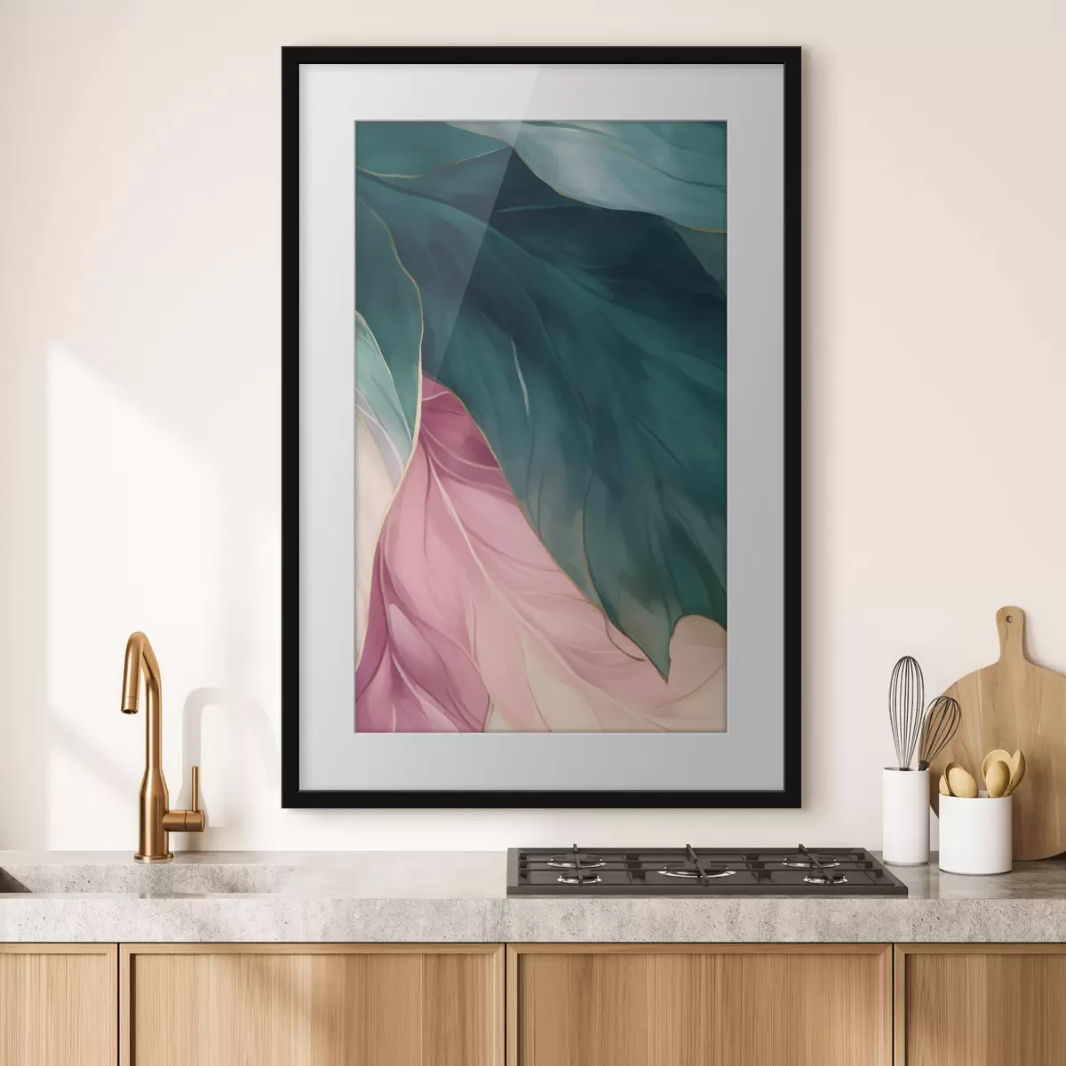 Poster Feuilles turquoise foncé et rose poudré f50386