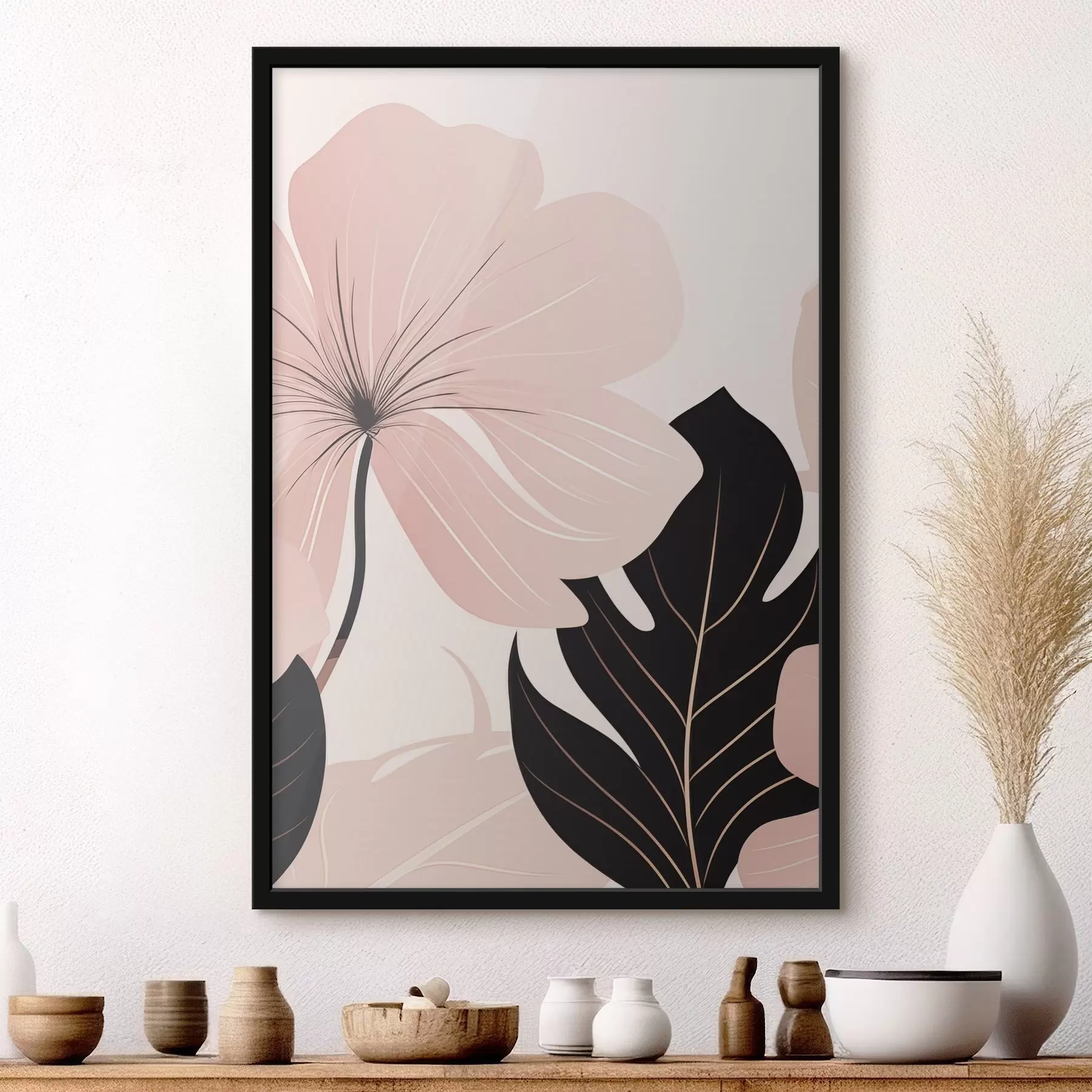 Papier peint Fleur rose avec une feuille aux reflets noirs f50389
