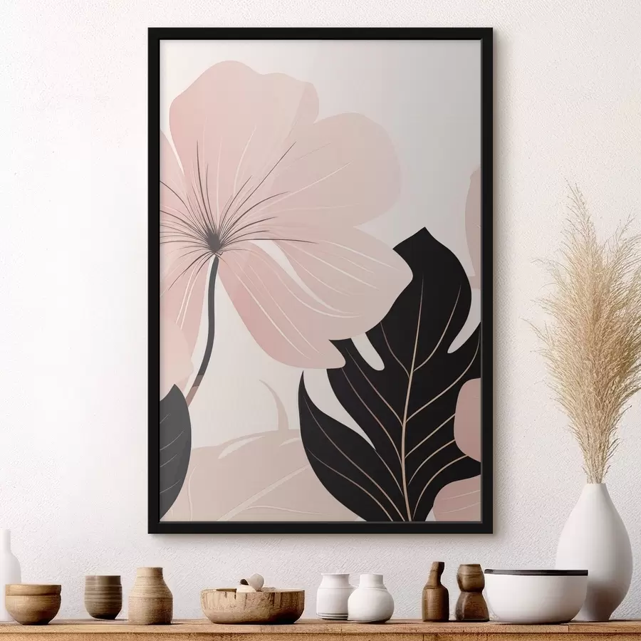 Papier peint Fleur rose avec une feuille aux reflets noirs f50389